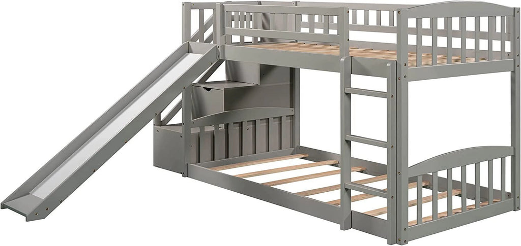 Wooden Bunk Bed with Slide and Guardrail M93030