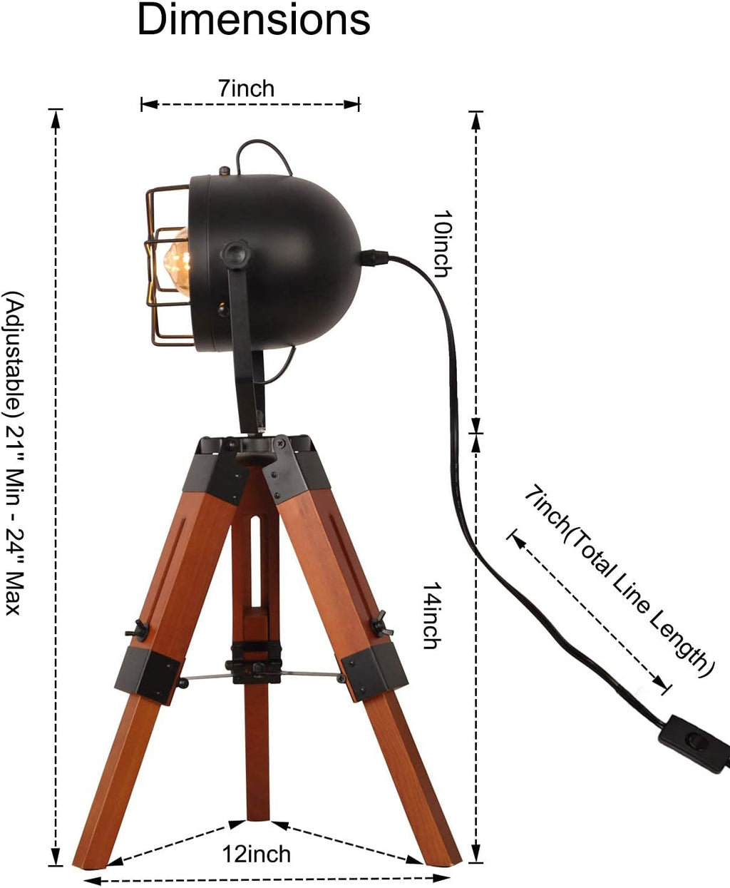 Vintage Adjustable Wood Tripod Floor Lamp with Black Cage Lampshade I94940
