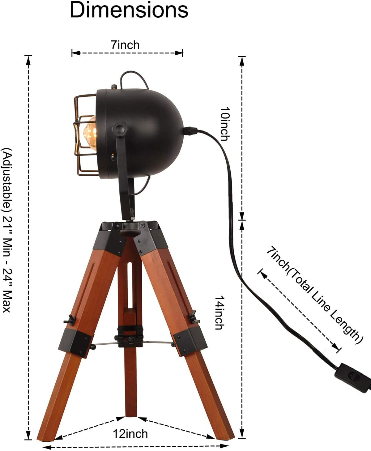 Vintage Adjustable Wood Tripod Floor Lamp with Black Cage Lampshade I94940
