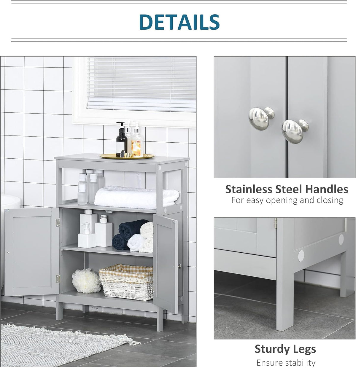 Grey Freestanding Bathroom Storage Cabinet with Doors and Open Shelf P38207