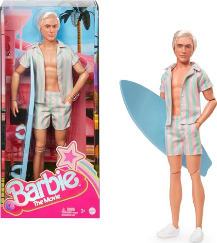Pastel Pink and Green Striped Beach Matching Set with Surfboard and White Sneakers I533369