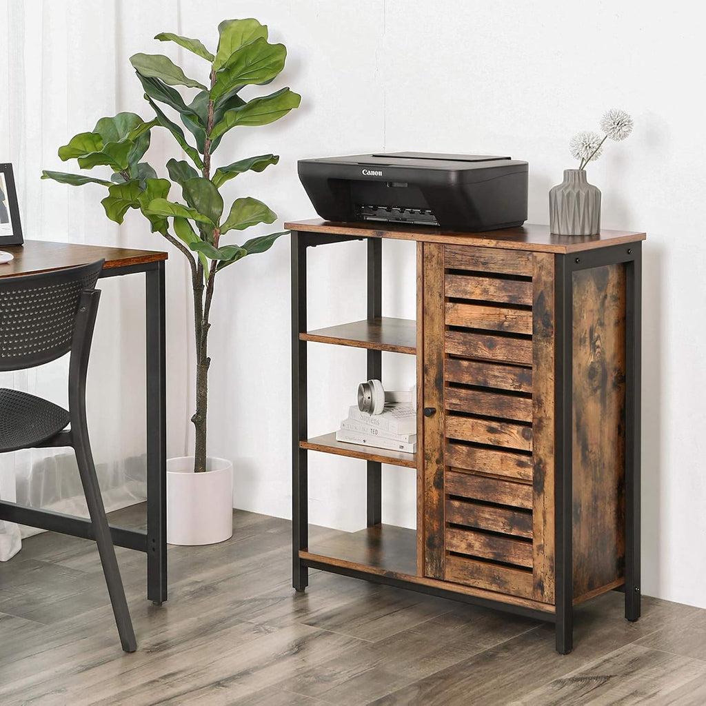 Rustic Brown and Black Storage Cabinet with 3 Open Shelves and Closed Compartments G6987