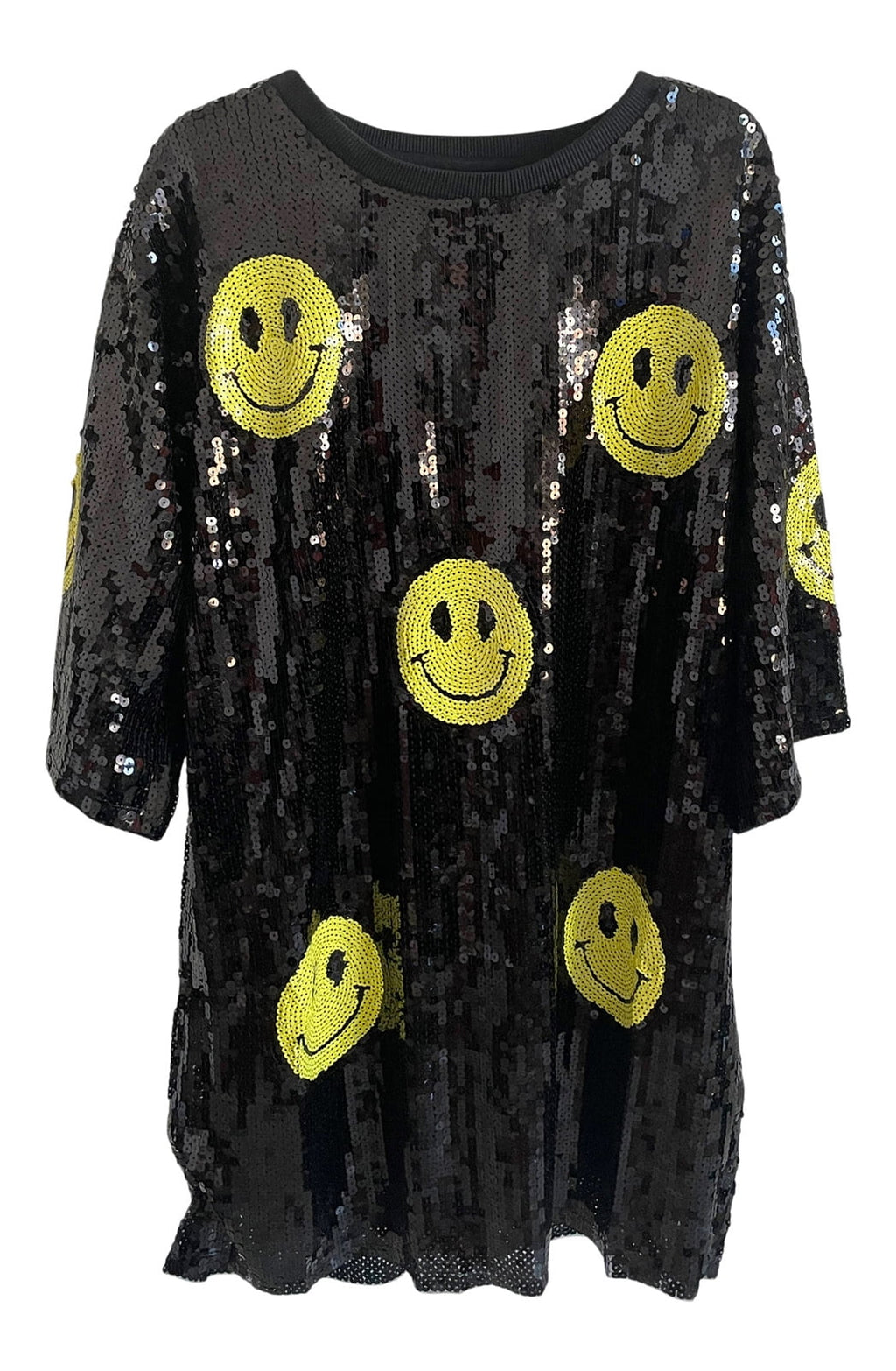 Sequin Smiley Face T Shirt Mini Dress Tunic Black T4692