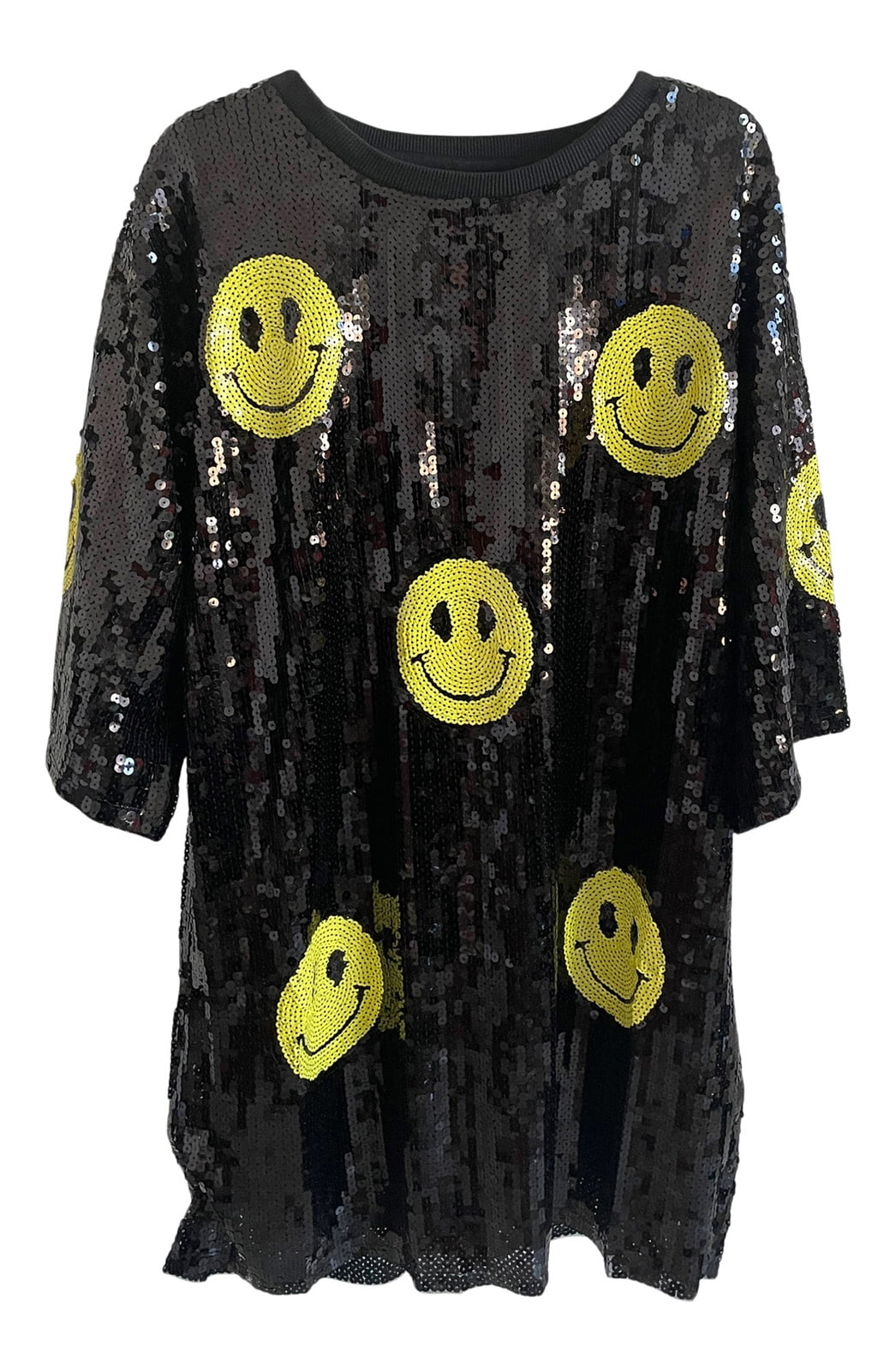 Sequin Smiley Face T Shirt Mini Dress Tunic Black T4692