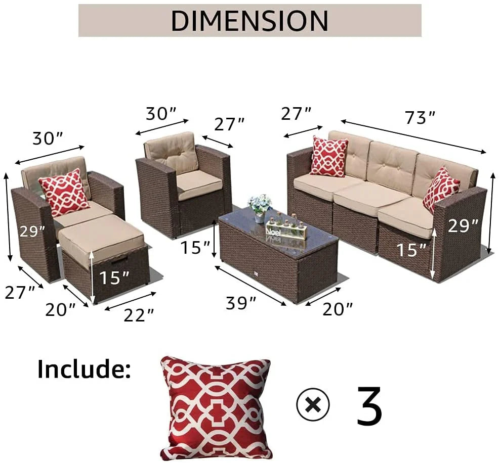 7 Piece PE Wicker Sofa Ottoman with 3 Red Pillows G886278