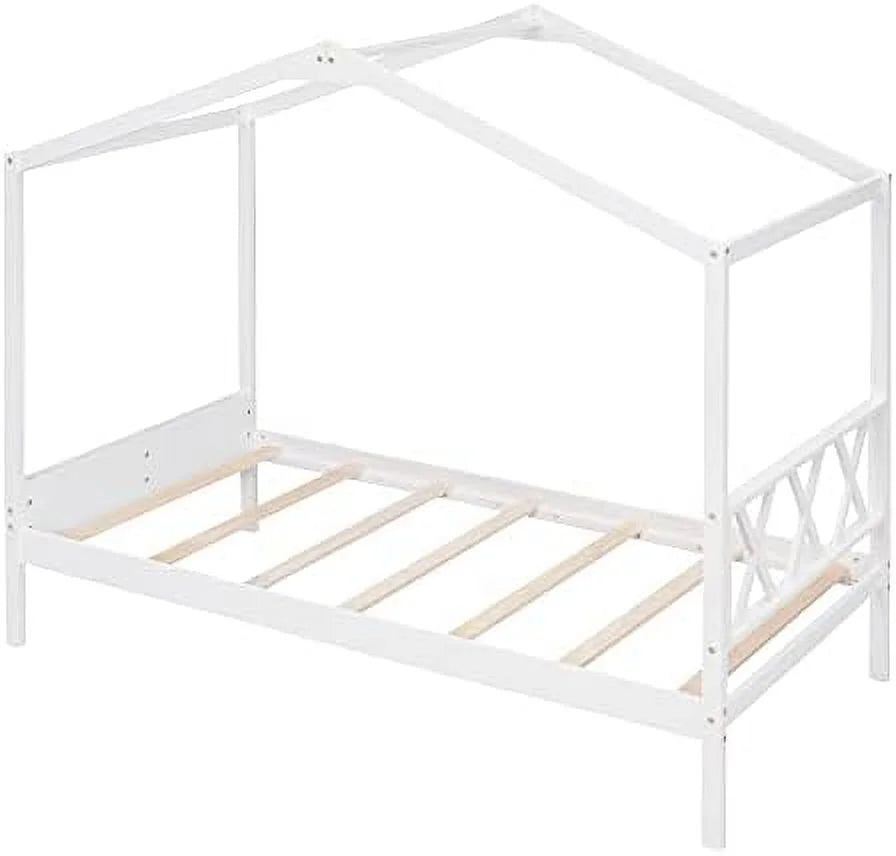Twin Size Wood House Bed with Desk and Roof J605