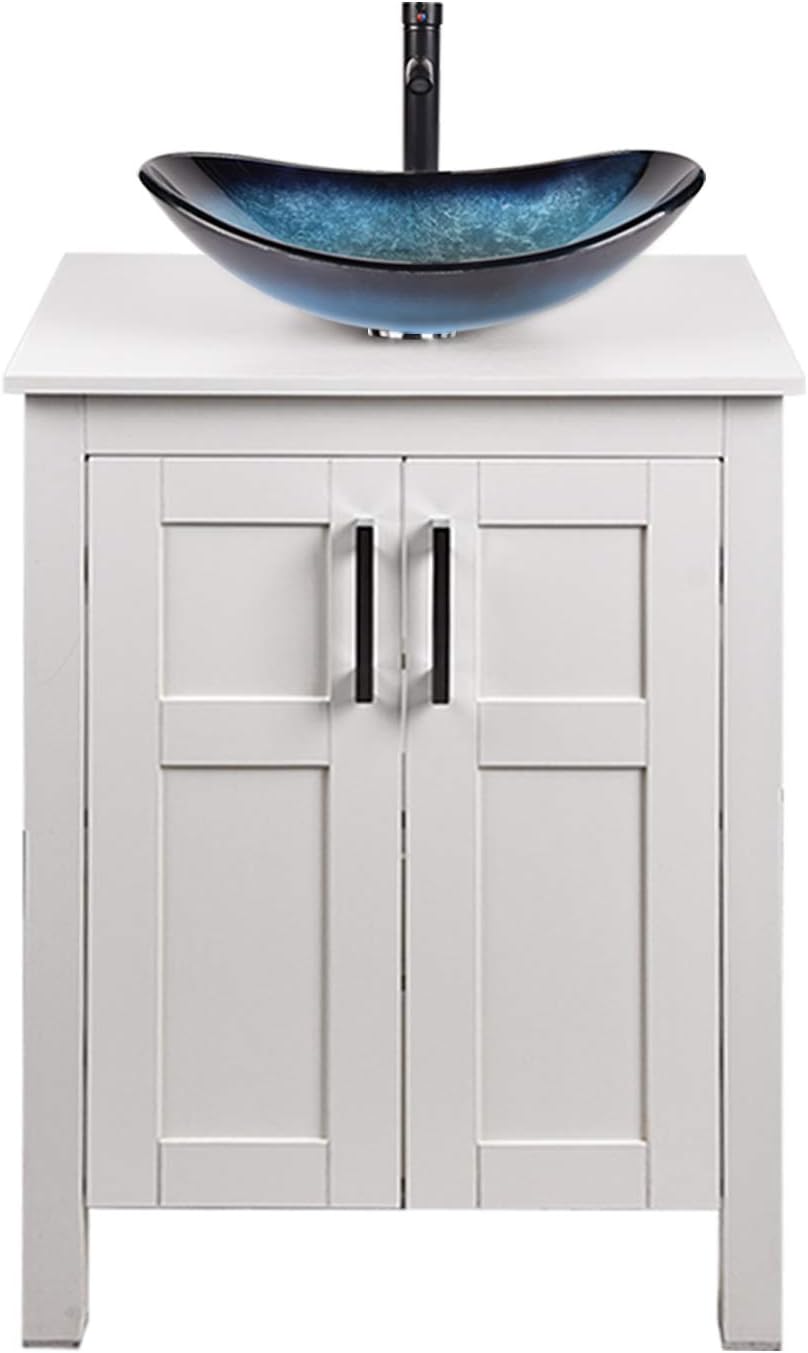 White 24 Inches Bathroom Vanity with 2 Doors Tempered Glass Sink Top Y53503