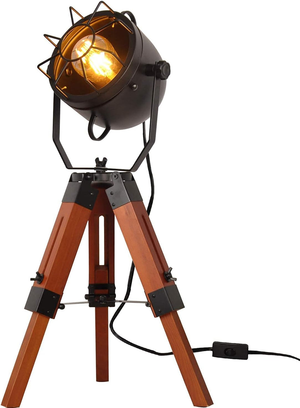 Vintage Adjustable Wood Tripod Floor Lamp with Black Cage Lampshade I94940
