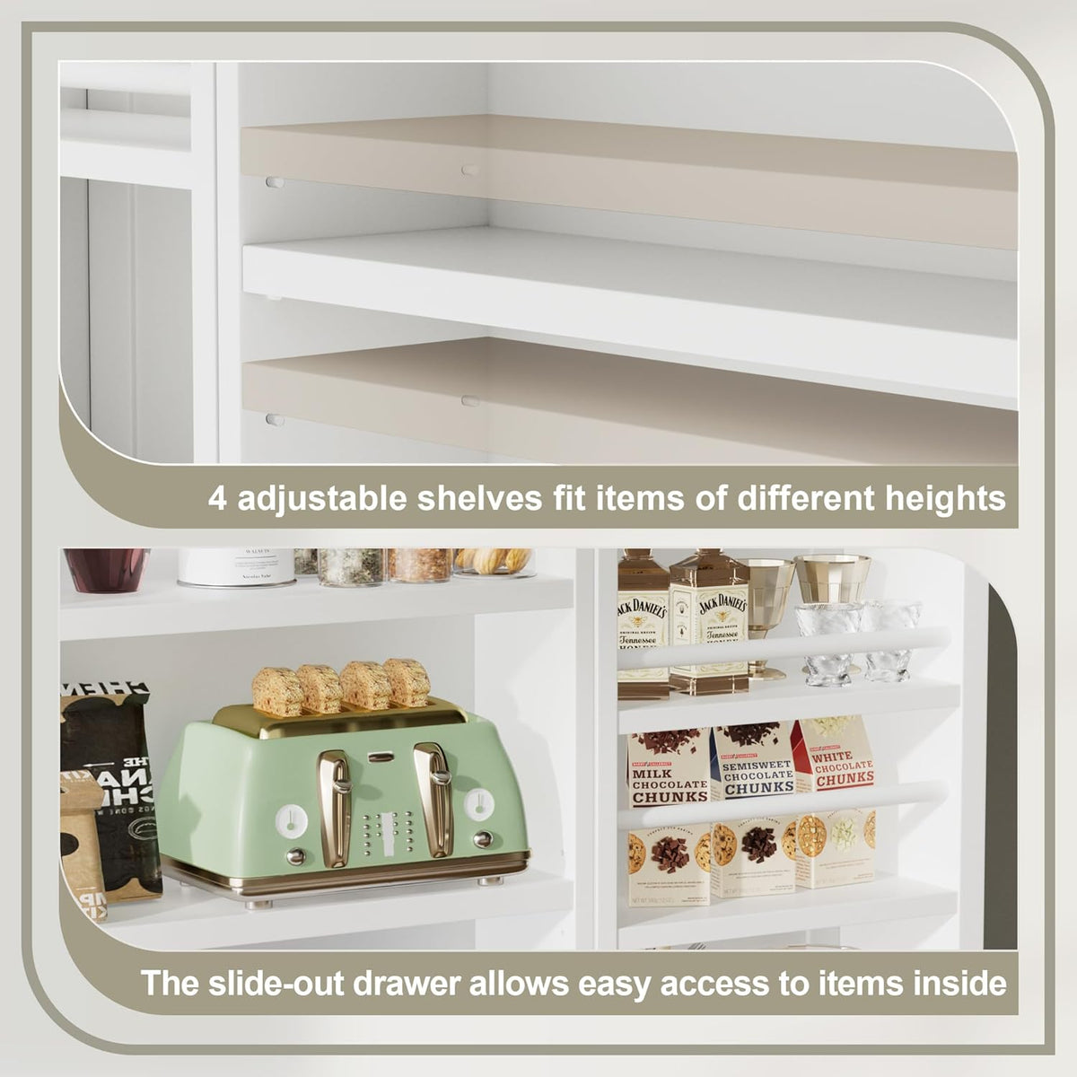 White Kitchen Pantry Storage Cabinet with Doors and Adjustable Shelves T468678