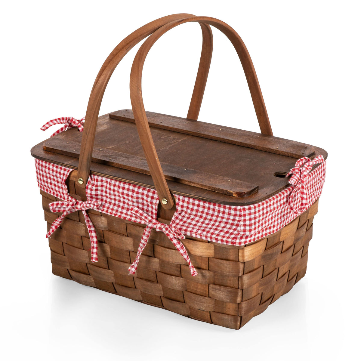 Red White Gingham Handwoven Wood Picnic Basket P42015