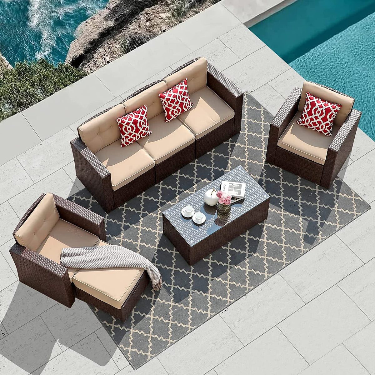 7 Piece PE Wicker Sofa Ottoman with 3 Red Pillows G886278