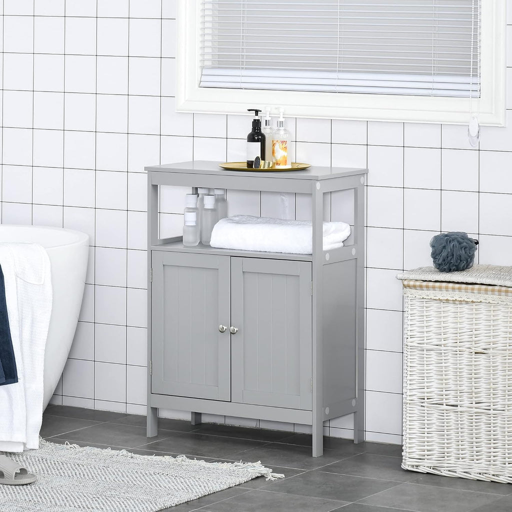 Grey Freestanding Bathroom Storage Cabinet with Doors and Open Shelf P38207