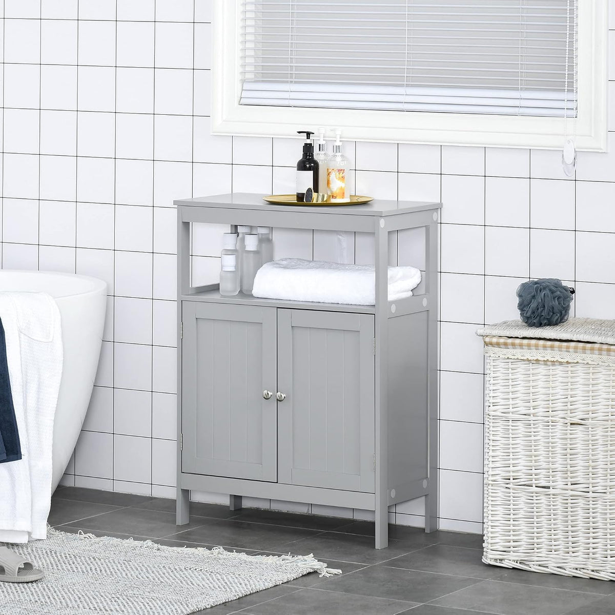 Grey Freestanding Bathroom Storage Cabinet with Doors and Open Shelf P38207