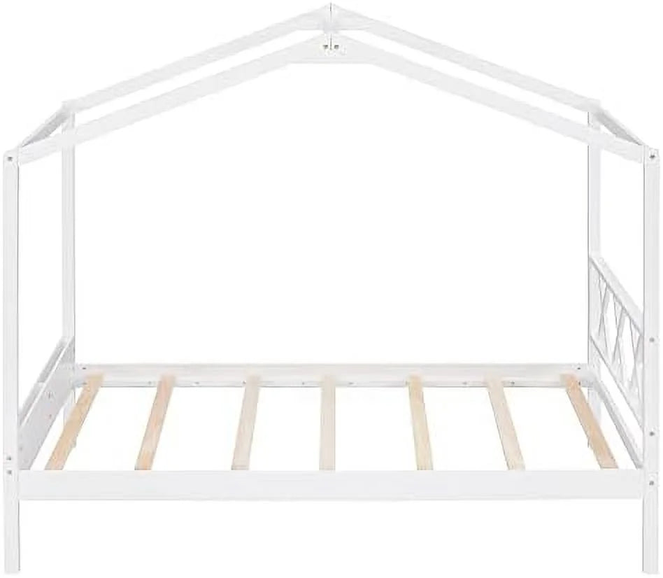 Twin Size Wood House Bed with Desk and Roof J605