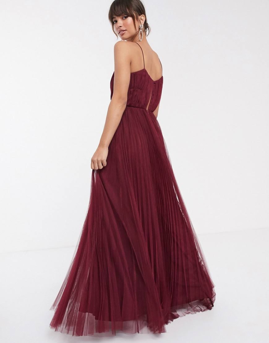 Oxblood-Red Pleated Tulle Maxi Dress Q178