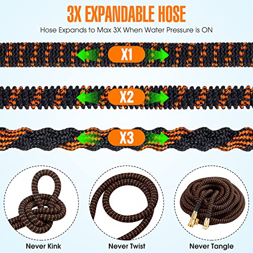 50 ft Expandable Garden Hose with 10 Pattern Spray Nozzle, 3/4 Solid Brass Connectors, Retractable Latex Core H28254