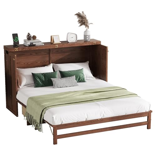 Solid Pine Queen Size Murphy Cabinet Wall Bed with Storage Drawers H99463