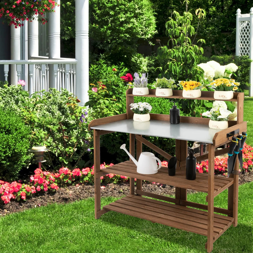 Folding Potting Bench Table with Galvanized Tabletop 2 Tier Storage Shelves B334371