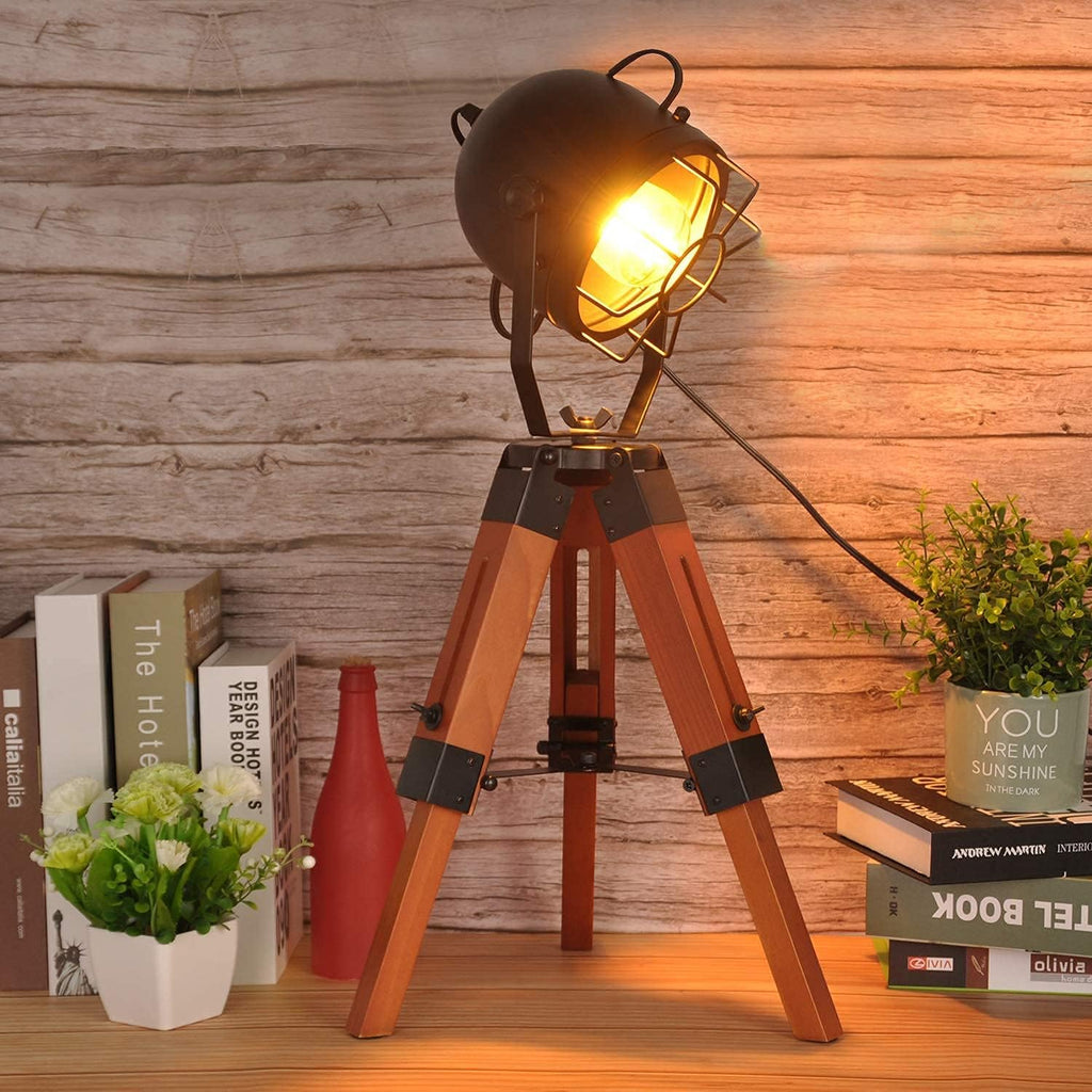 Vintage Adjustable Wood Tripod Floor Lamp with Black Cage Lampshade I94940