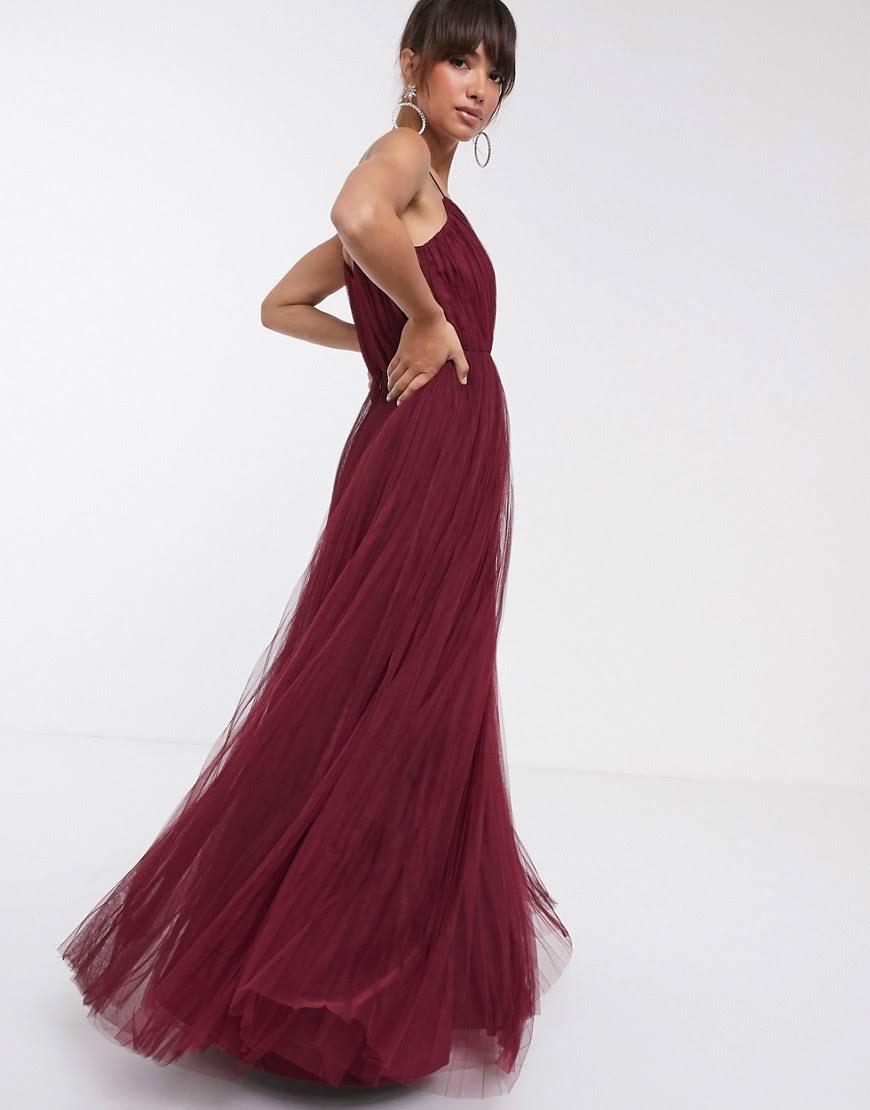 Oxblood-Red Pleated Tulle Maxi Dress Q178