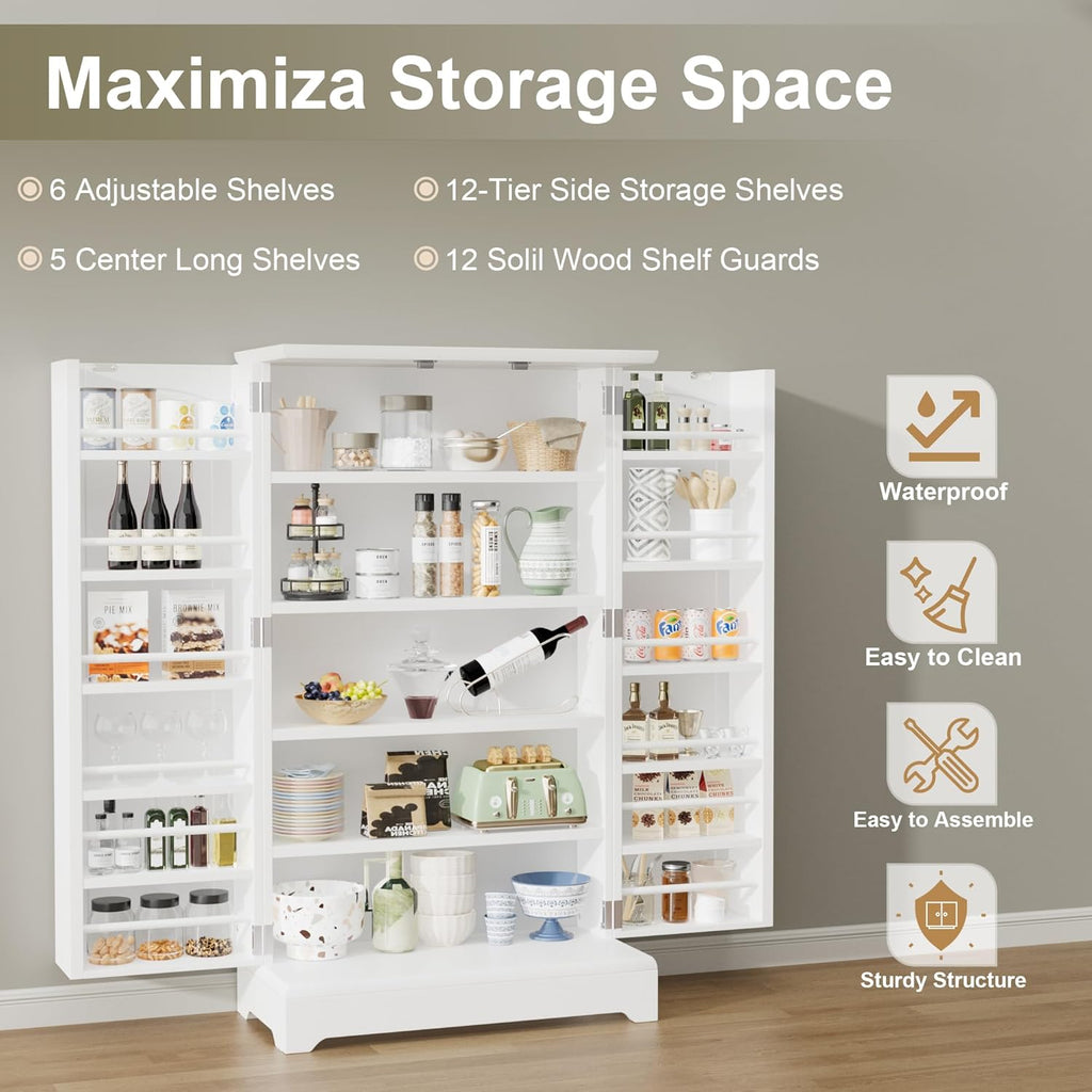 White Kitchen Pantry Storage Cabinet with Doors and Adjustable Shelves T468678