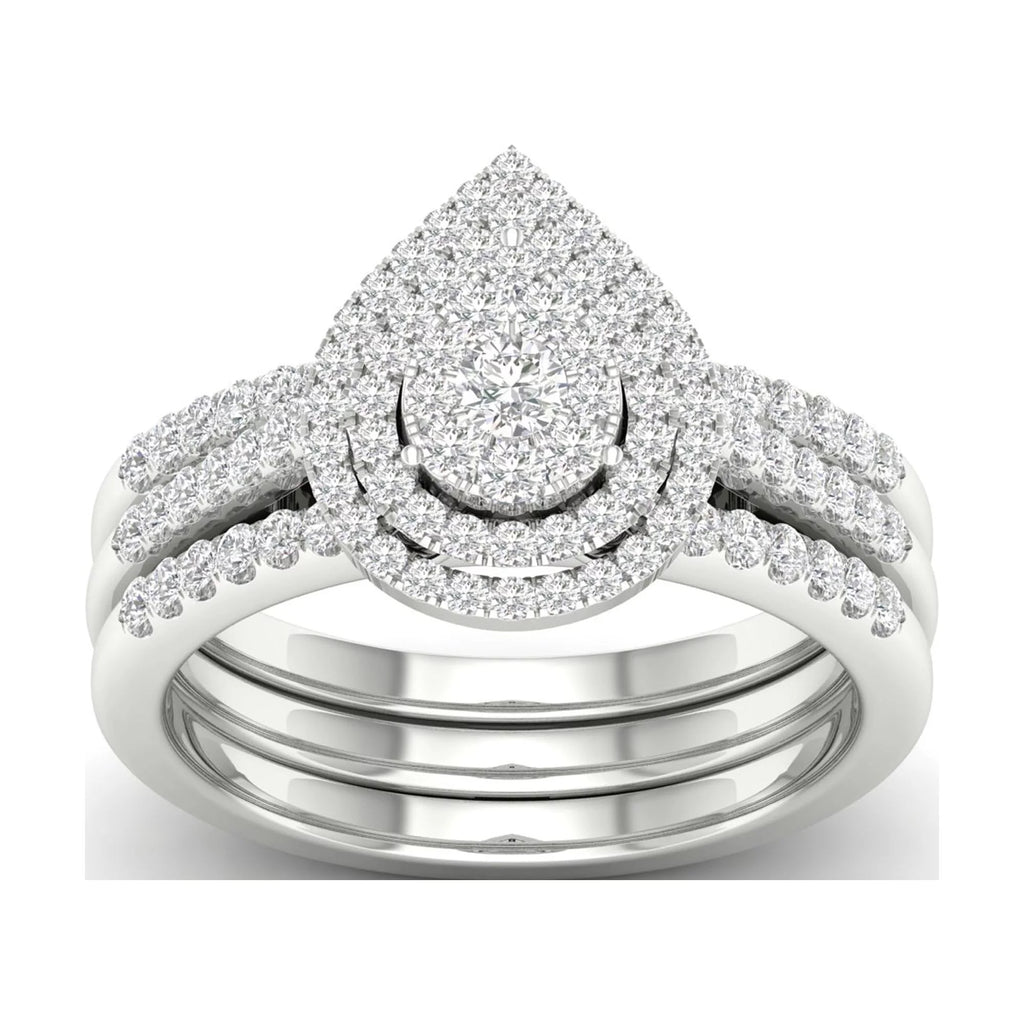5/8Ct TDW Diamond S925 Sterling Silver Pear Shape Cluster Halo Bridal Set C488
