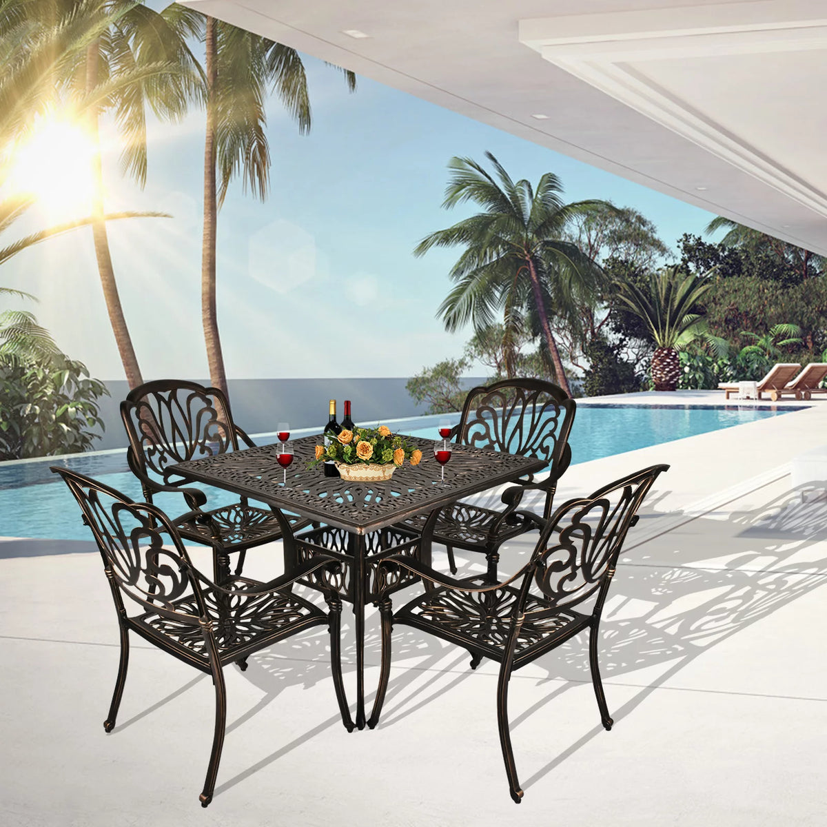 5-Piece Cast Aluminum Outdoor Dining Set with Umbrella Hole I40844