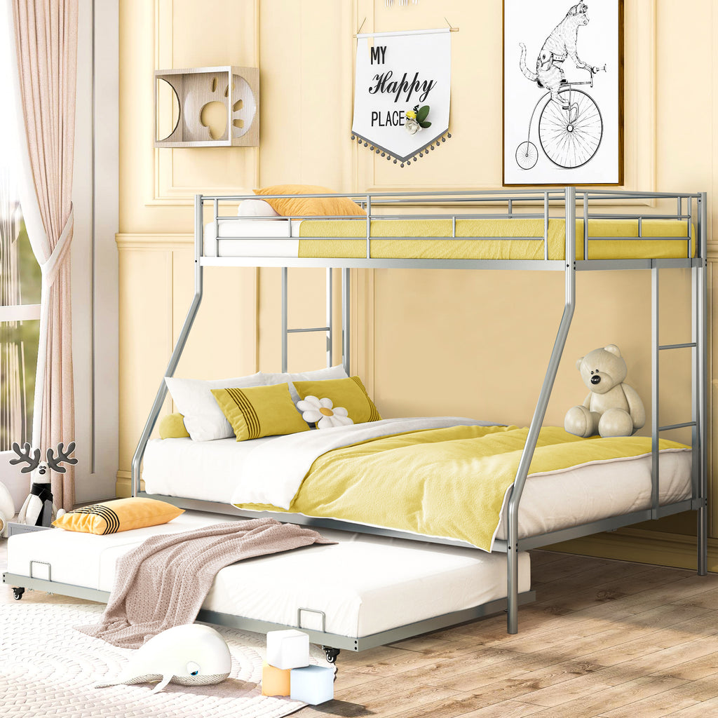 Twin Over Full Metal Bunk Beds with Trundle Bed and Side Ladders L711