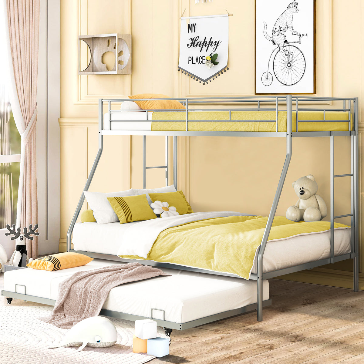 Twin Over Full Metal Bunk Beds with Trundle Bed and Side Ladders L711