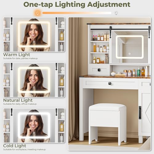 Vanity Desk with Sliding Mirror & Lights, Glass Top, 4 Drawers & Storage Cabinet, Cushioned Stool V646