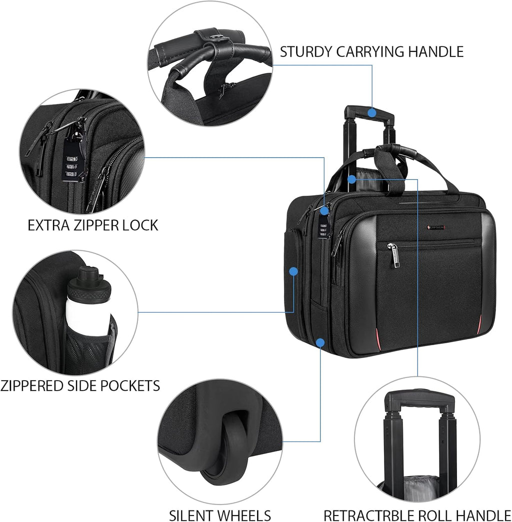 Rolling Laptop Bag, 17.3 inch Water Repellent Travel Bag with RFID Blocking Pocket, Black E91763