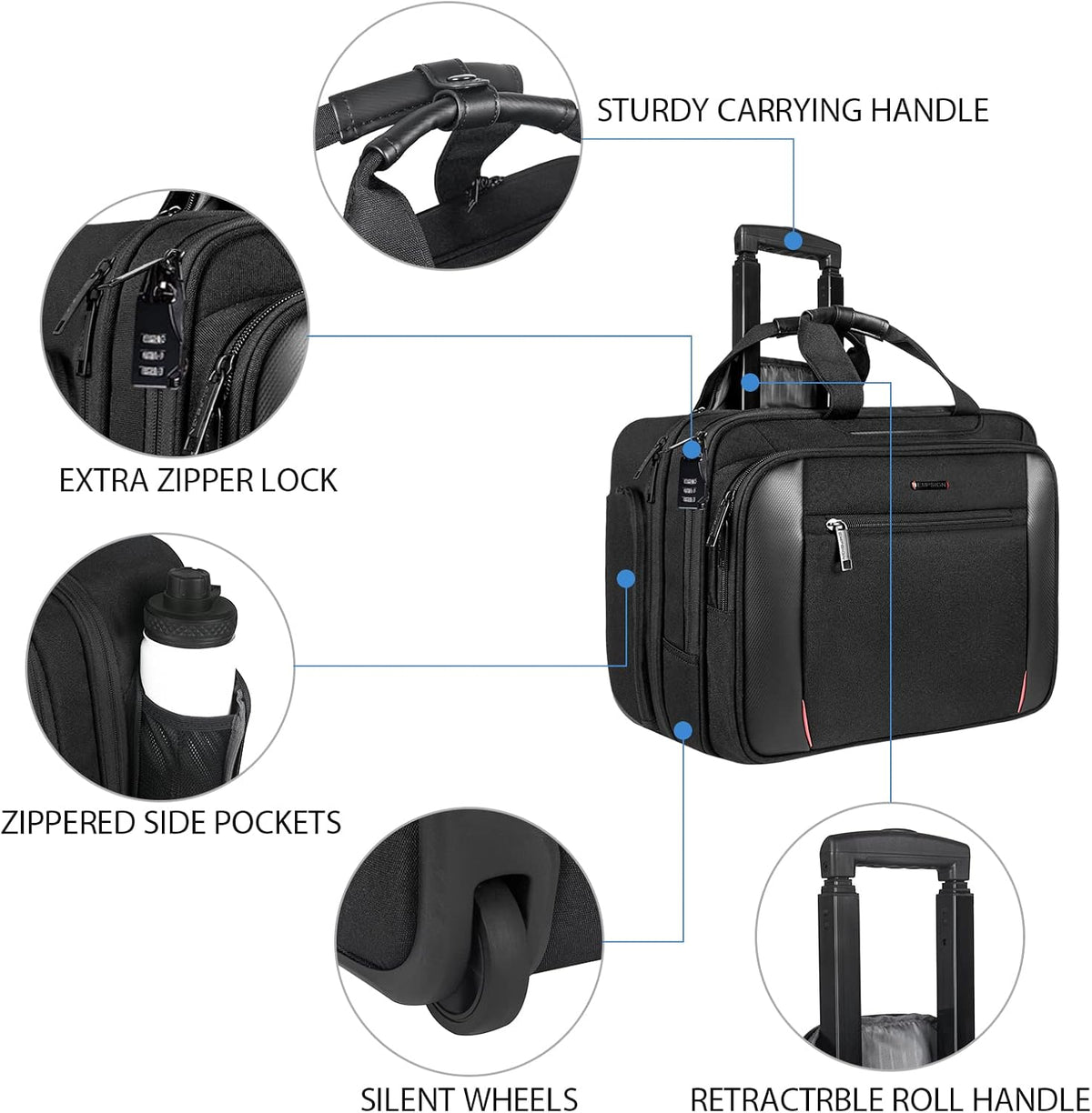 Rolling Laptop Bag, 17.3 inch Water Repellent Travel Bag with RFID Blocking Pocket, Black E91763