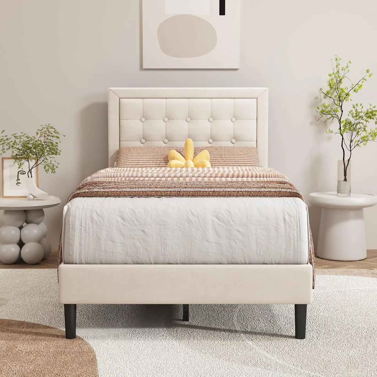 Pink Velvet Upholstered Platform Bed Frame Twin Size K100