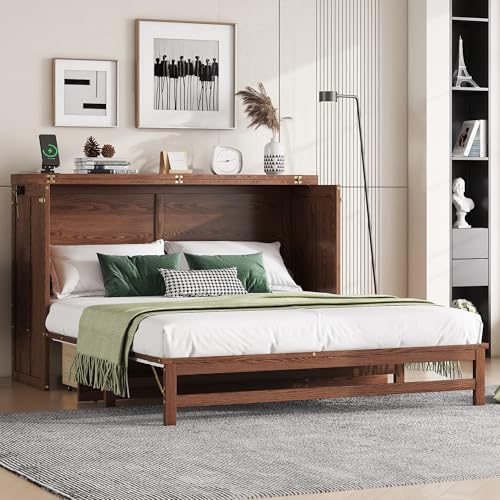 Solid Pine Queen Size Murphy Cabinet Wall Bed with Storage Drawers H99463