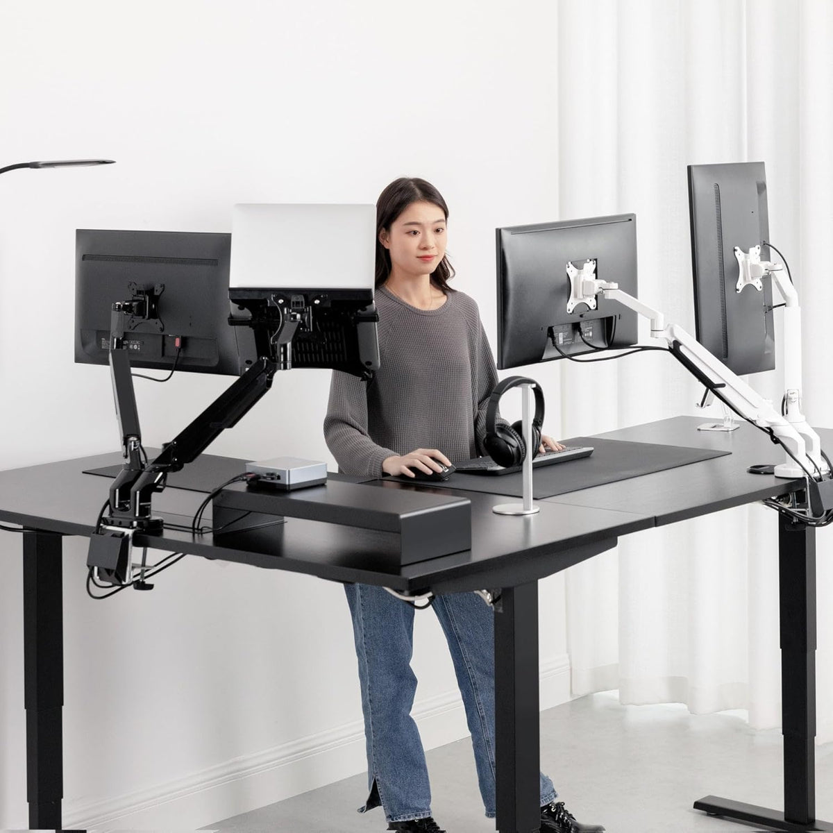78" x 60" Electric Height Adjustable L Shaped Standing Desk with Black Frame, Light Walnut T84923