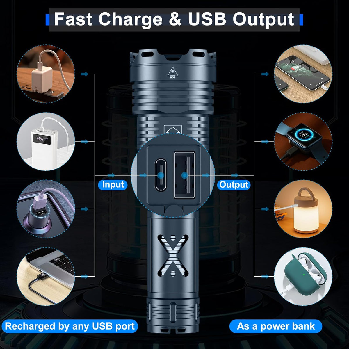 Rechargeable LED Tactical Flashlight, 2500000 Lumens, Waterproof, Zoomable H8468