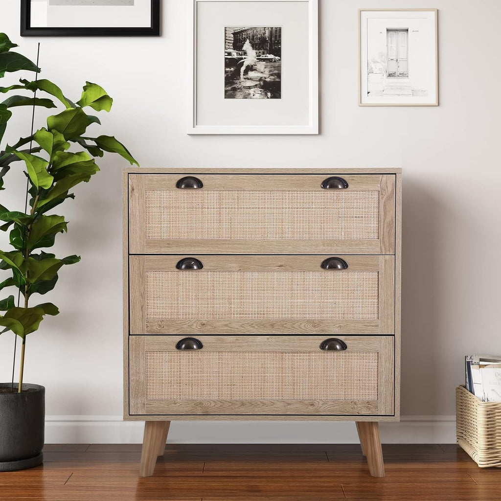 3 Drawer Rattan Storage Cabinet with Pine Wood Legs Y243