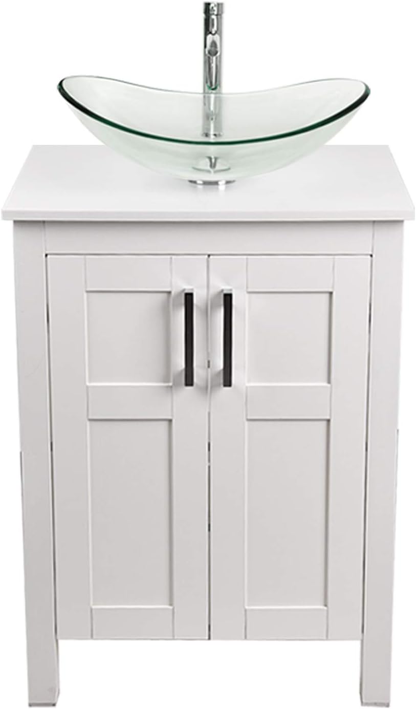 White 24 Inches Bathroom Vanity with 2 Doors Tempered Glass Sink Top Y53503