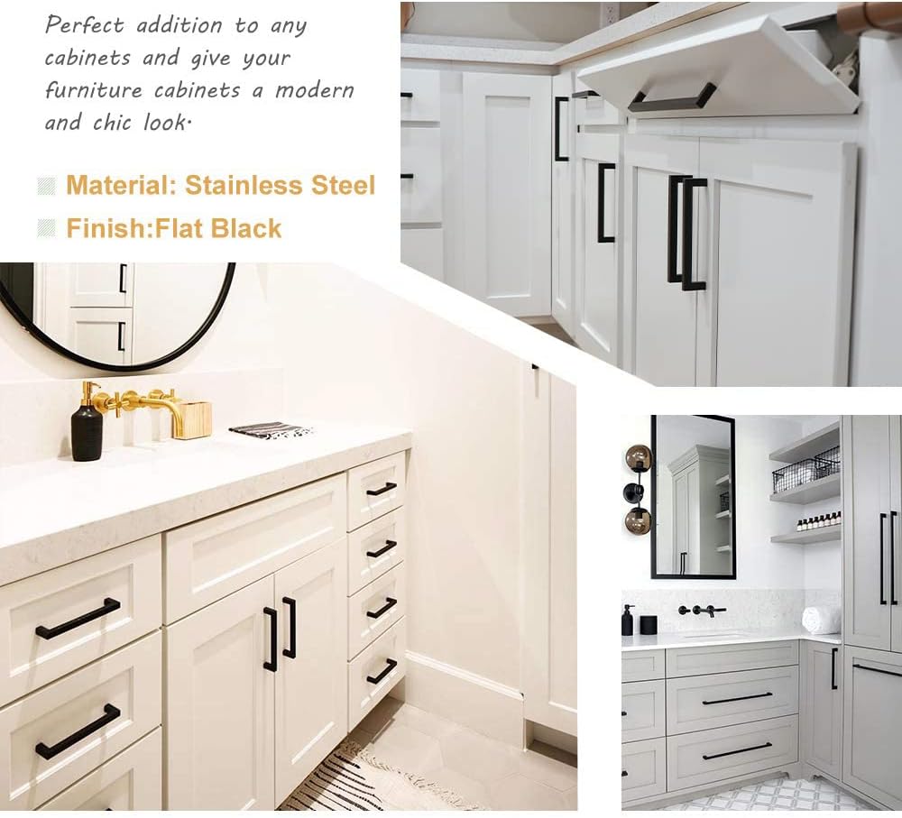 10 Pack Black Square Bar Cabinet Pull Drawer Handle Stainless Steel, Center to Center 6-1/4in (160mm) X7122