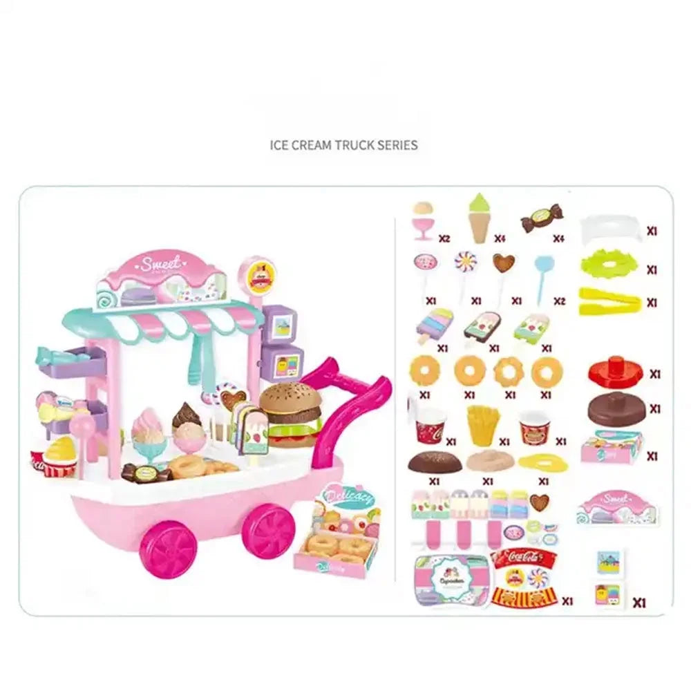 Ice Cream Cart 36pcs Pretend Play Kitchen Toy Set With Umbrella Food Dishes X670485