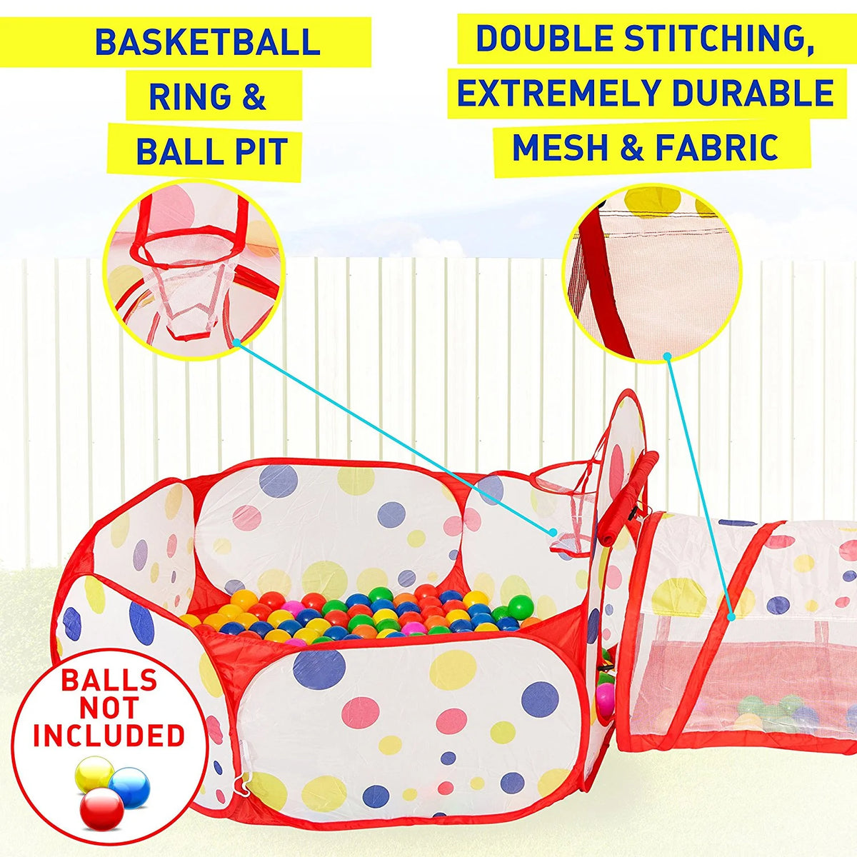 3 in 1 Kids Play Tent with Tunnel and Ball Pit A49874