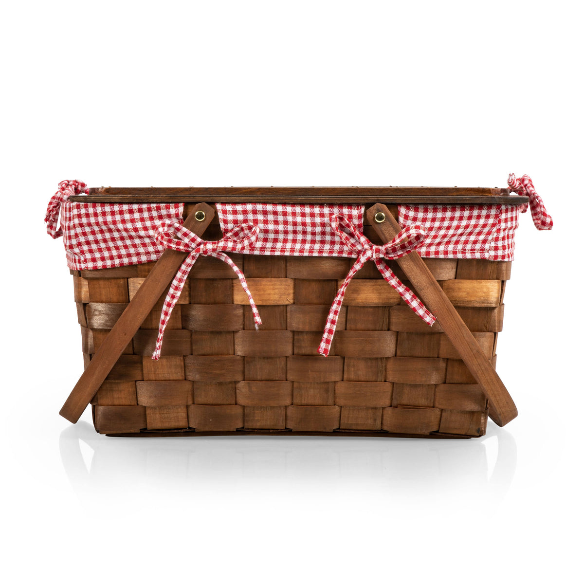 Red White Gingham Handwoven Wood Picnic Basket P42015