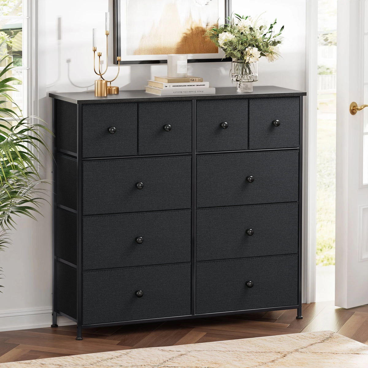 10 Drawer Fabric Dresser with Wood Top L620