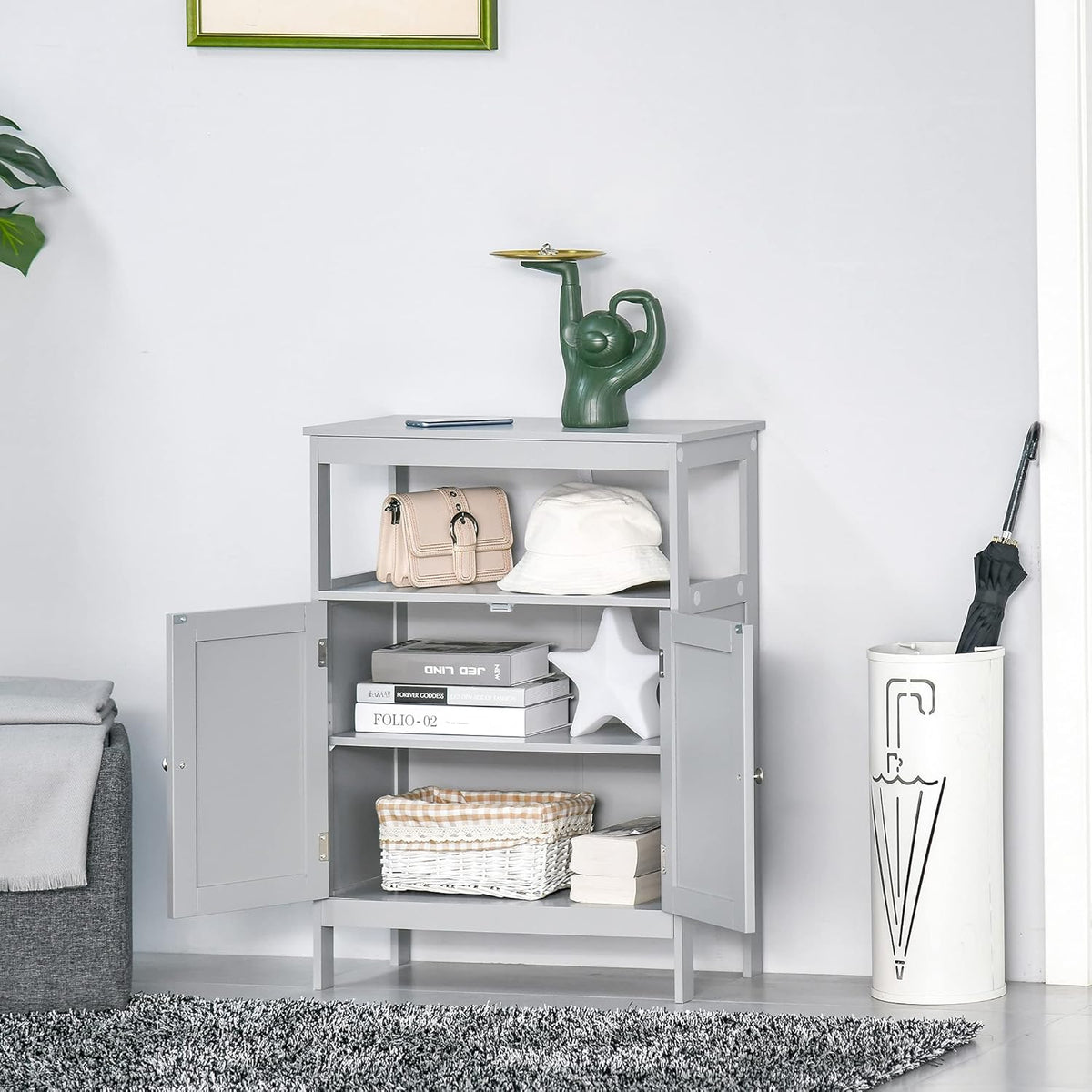 Grey Freestanding Bathroom Storage Cabinet with Doors and Open Shelf P38207