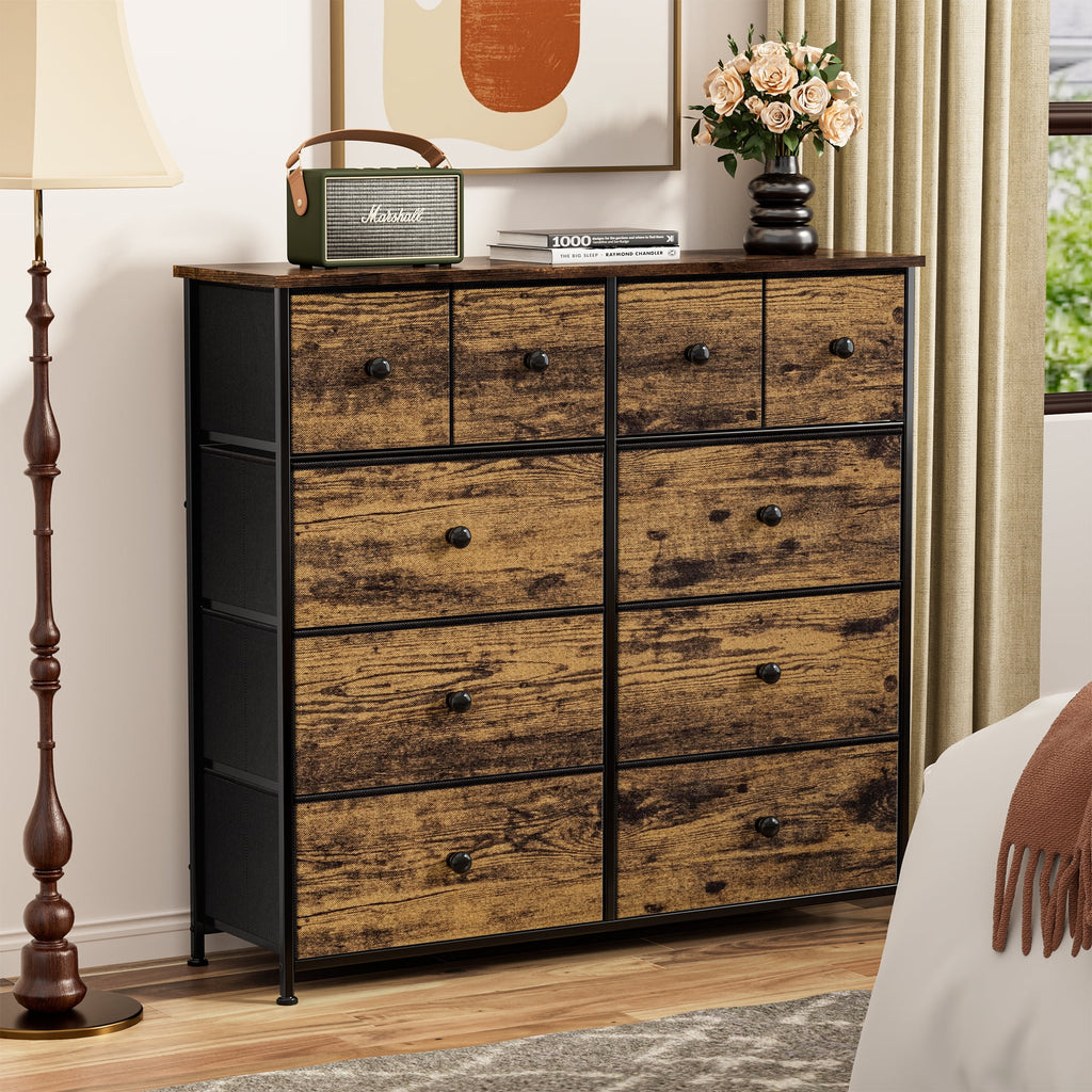 10 Drawer Fabric Dresser with Wood Top L620