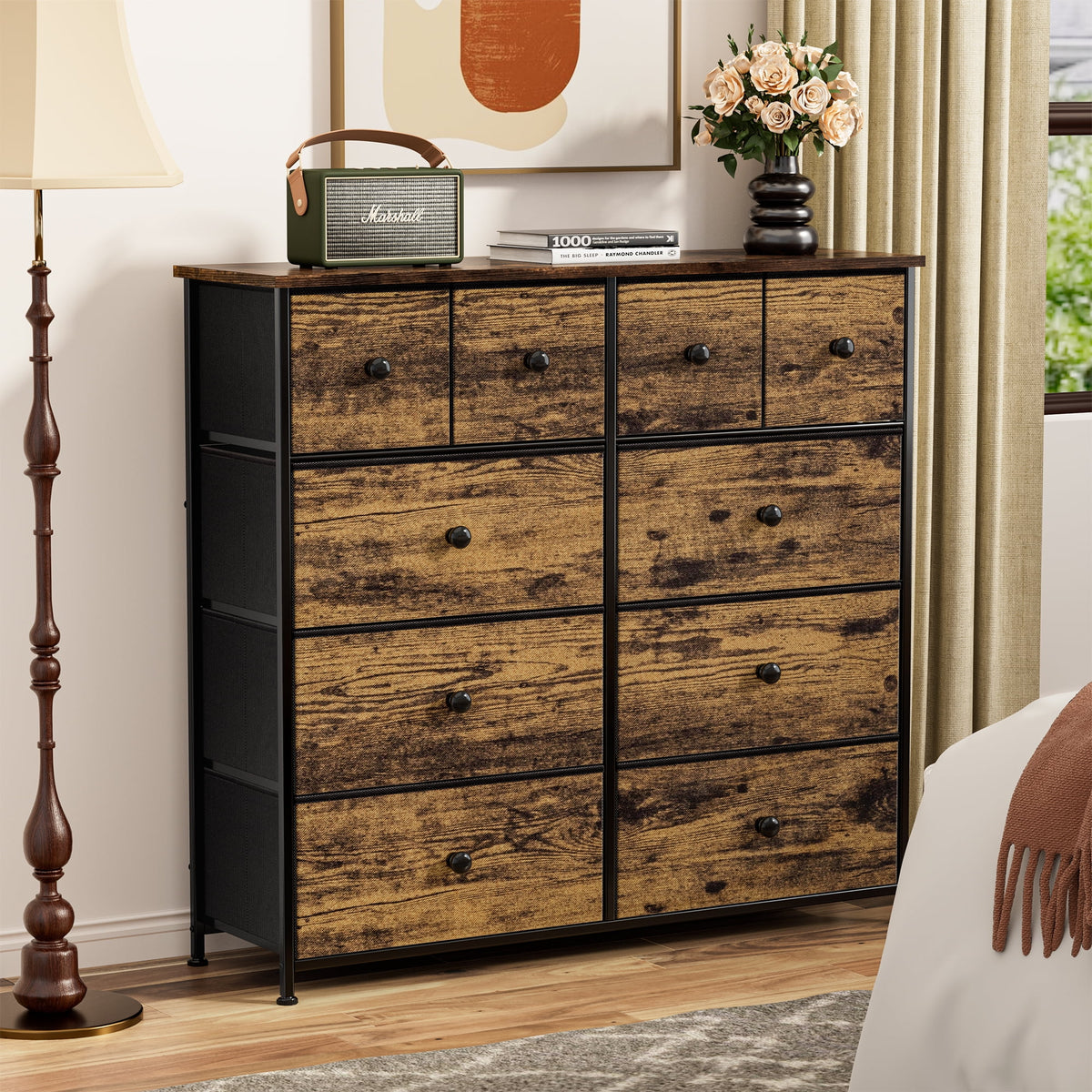 10 Drawer Fabric Dresser with Wood Top L620