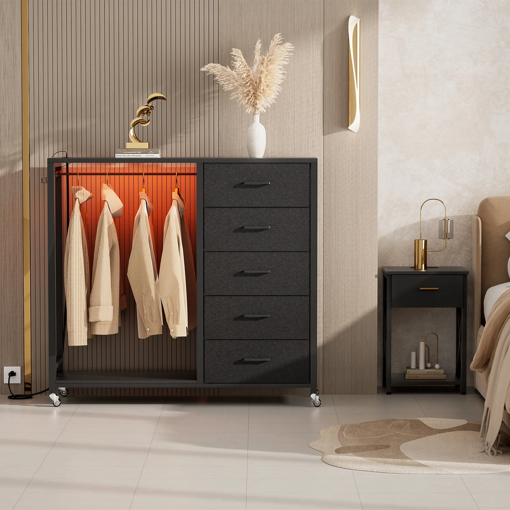 White 5 Drawer Dresser with Clothes Rack S4249
