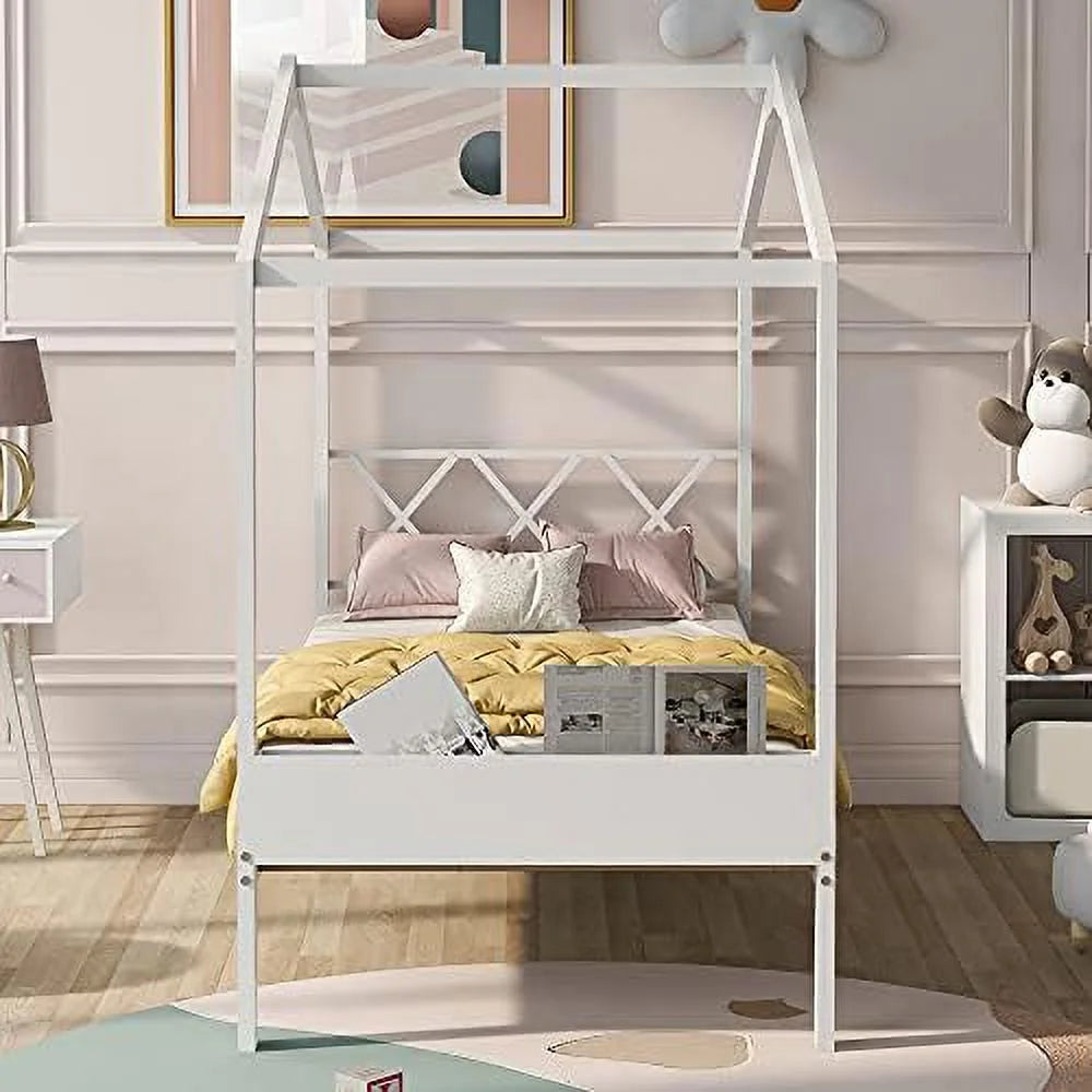 Twin Size Wood House Bed with Desk and Roof J605