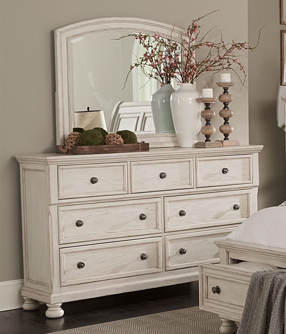 White Queen Size Platform Storage Bed Nightstands Dresser Mirror 6pc Set O8659