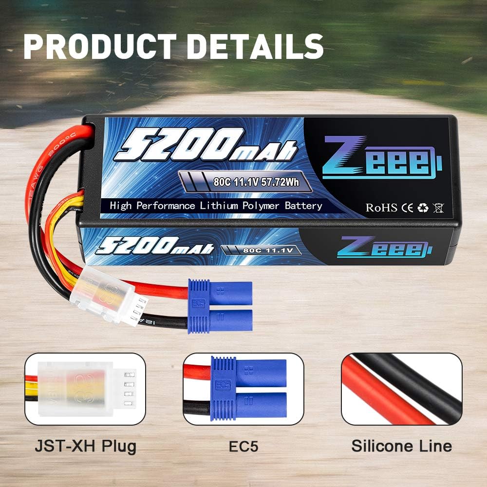 11.1V 80C 5200mAh 3S Lipo Battery with EC5 Connector Hardcase Battery (2 Packs) N1160